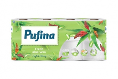 Toalettpapír, 3 rétegű, kistekercses, 8 tekercs, PUFINA "Aloe Vera"