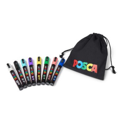Dekormarker készlet, 1,8-2,5 mm, UNI "Posca Pouch PC-5M", 8 különböző szín, tartóval